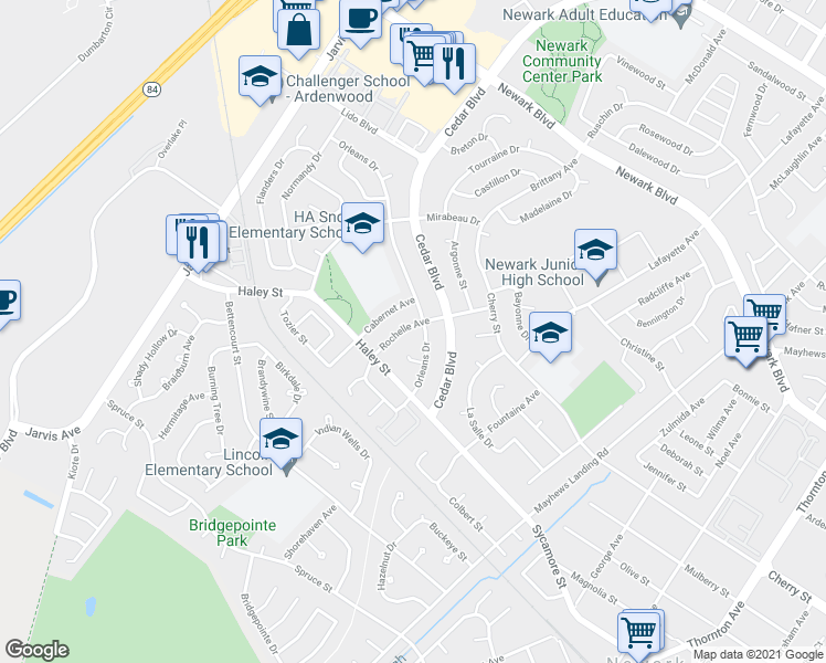 map of restaurants, bars, coffee shops, grocery stores, and more near 6758 Rochelle Avenue in Newark