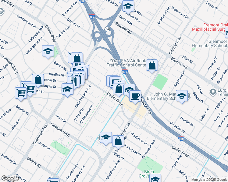 map of restaurants, bars, coffee shops, grocery stores, and more near 37300 Cedar Boulevard in Newark
