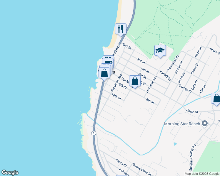 map of restaurants, bars, coffee shops, grocery stores, and more near 246 9th Street in Montara