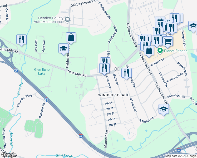 map of restaurants, bars, coffee shops, grocery stores, and more near 5 Masonic Lane in Richmond