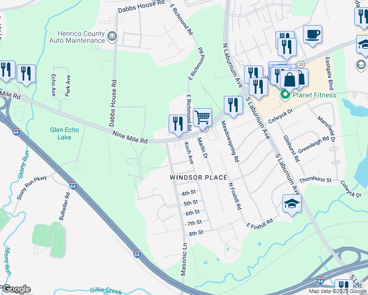 map of restaurants, bars, coffee shops, grocery stores, and more near 104 Koch Avenue in Richmond