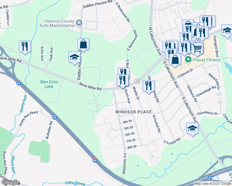 map of restaurants, bars, coffee shops, grocery stores, and more near 5 Masonic Lane in Richmond