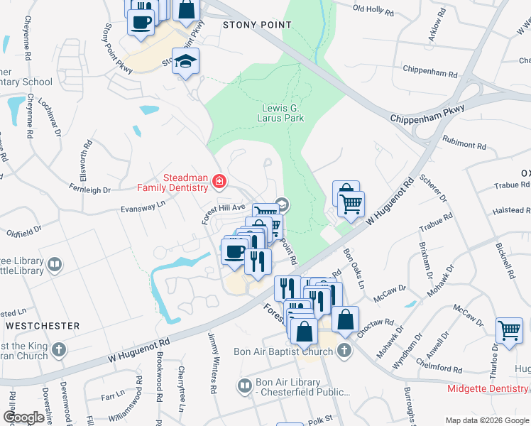 map of restaurants, bars, coffee shops, grocery stores, and more near Stony Point Road in Richmond
