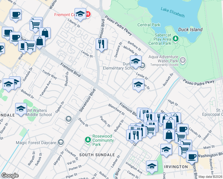 map of restaurants, bars, coffee shops, grocery stores, and more near 40133 Urban Street in Fremont