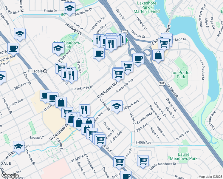 map of restaurants, bars, coffee shops, grocery stores, and more near 168 East Hillsdale Boulevard in San Mateo