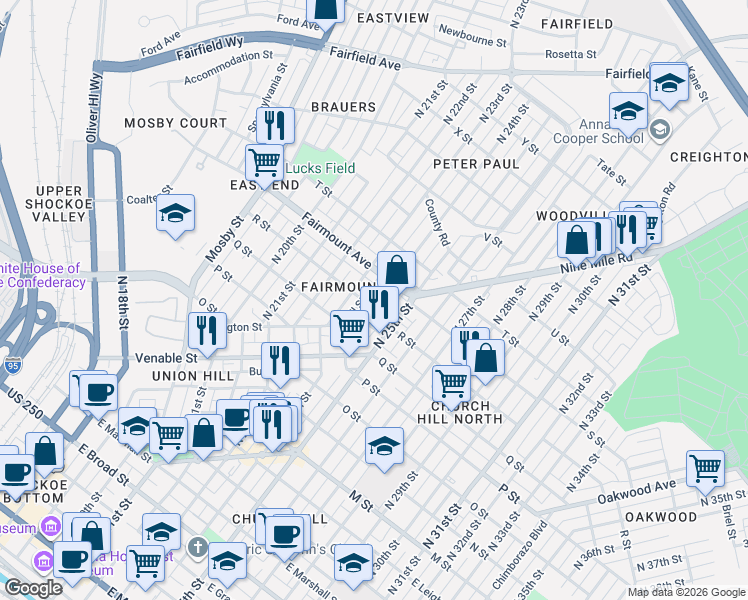 map of restaurants, bars, coffee shops, grocery stores, and more near 1212 North 24th Street in Richmond