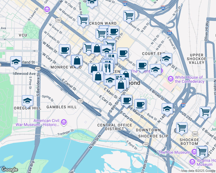 map of restaurants, bars, coffee shops, grocery stores, and more near in Richmond