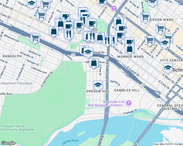 map of restaurants, bars, coffee shops, grocery stores, and more near 402 South Laurel Street in Richmond