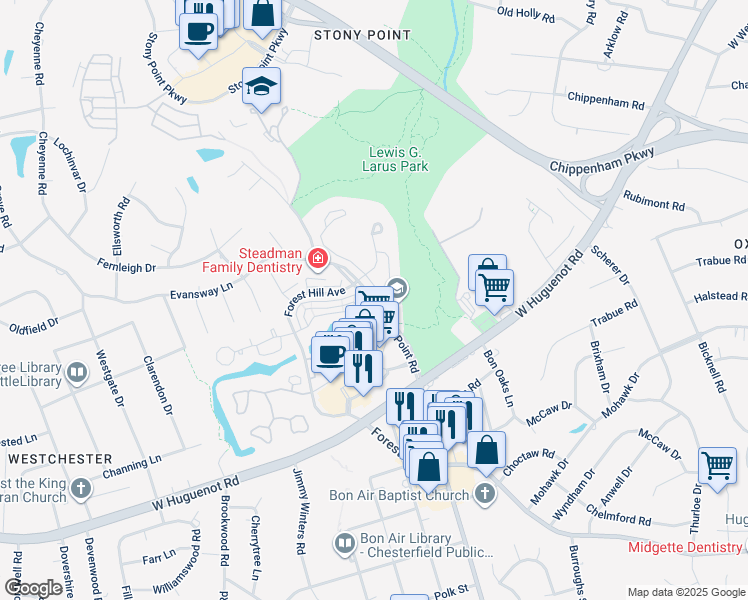 map of restaurants, bars, coffee shops, grocery stores, and more near Stony Point Road in Richmond