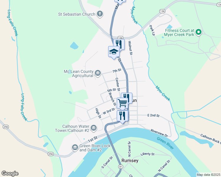map of restaurants, bars, coffee shops, grocery stores, and more near 520 Branch Street in Calhoun