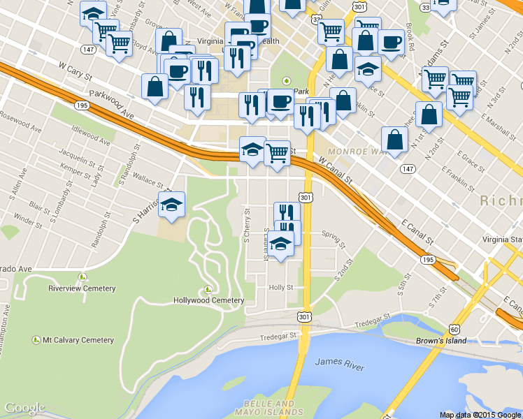 map of restaurants, bars, coffee shops, grocery stores, and more near 402 South Laurel Street in Richmond