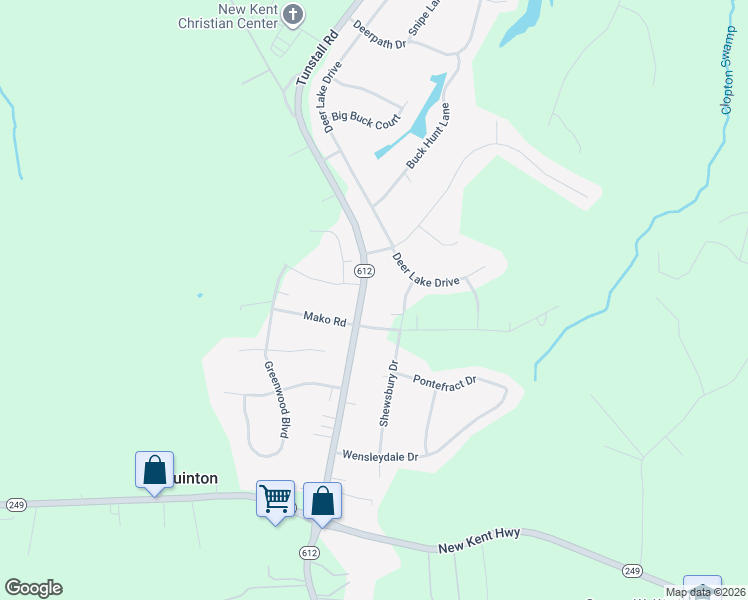 map of restaurants, bars, coffee shops, grocery stores, and more near 9123 Tunstall Road in New Kent