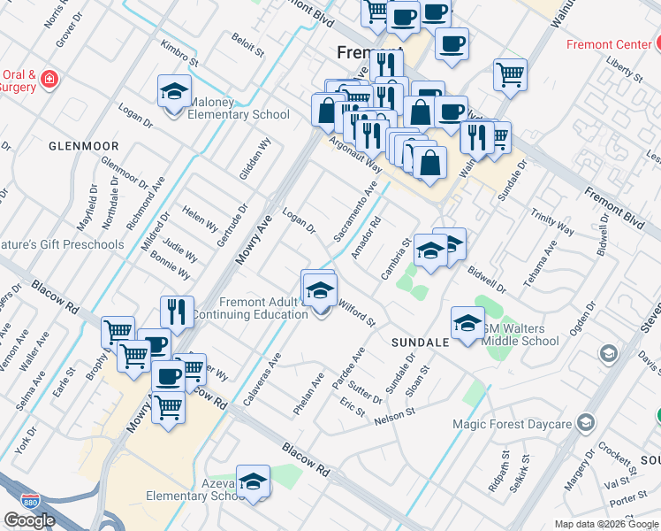 map of restaurants, bars, coffee shops, grocery stores, and more near 4507 Calaveras Avenue in Fremont