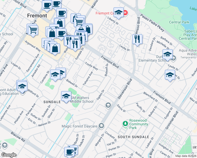 map of restaurants, bars, coffee shops, grocery stores, and more near 39754 Plumas Way in Fremont
