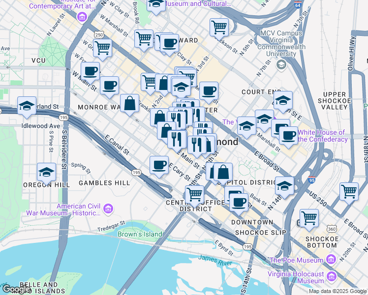 map of restaurants, bars, coffee shops, grocery stores, and more near 6 North 6th Street in Richmond