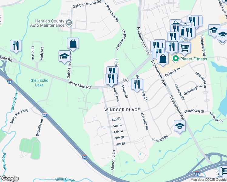 map of restaurants, bars, coffee shops, grocery stores, and more near 104 Koch Avenue in Richmond