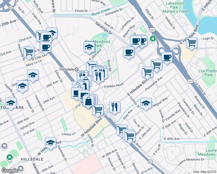 map of restaurants, bars, coffee shops, grocery stores, and more near 120 Franklin Parkway in San Mateo