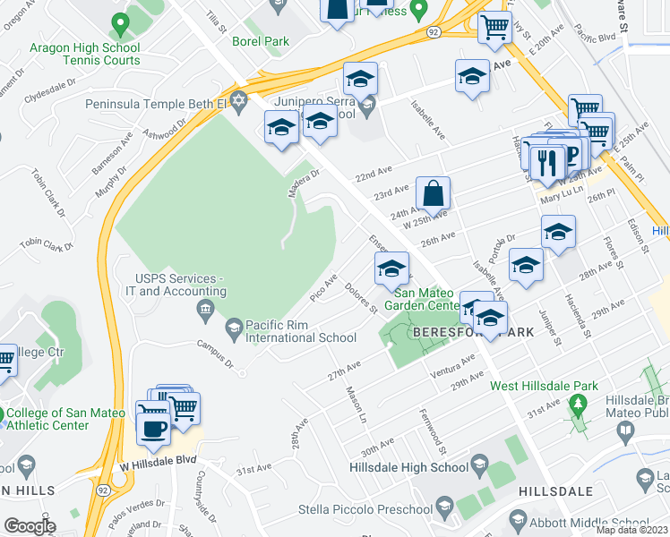 map of restaurants, bars, coffee shops, grocery stores, and more near 2315 Dolores Street in San Mateo