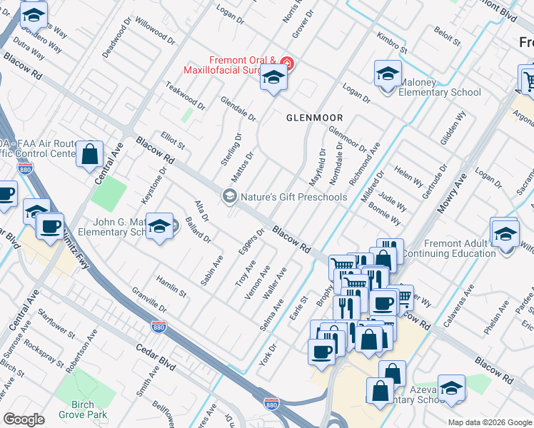 map of restaurants, bars, coffee shops, grocery stores, and more near 38474 Blacow Road in Fremont