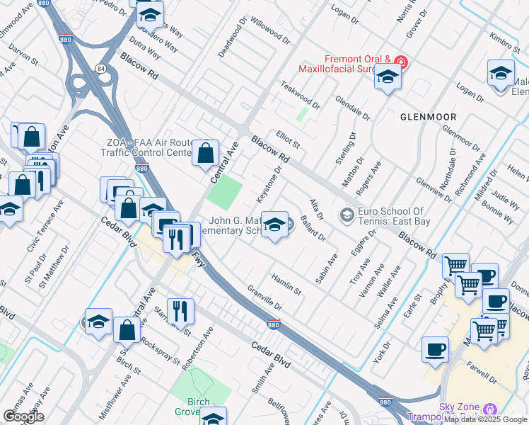 map of restaurants, bars, coffee shops, grocery stores, and more near 5169 Lawler Avenue in Fremont