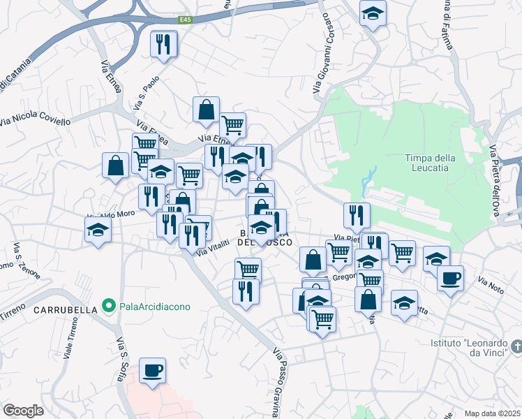 map of restaurants, bars, coffee shops, grocery stores, and more near 320 Via del Bosco in Catania