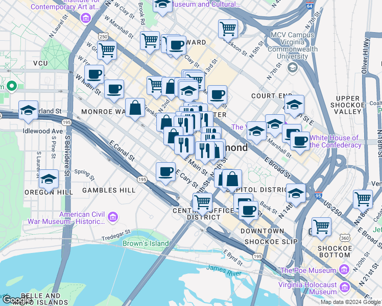 map of restaurants, bars, coffee shops, grocery stores, and more near 6 North 6th Street in Richmond