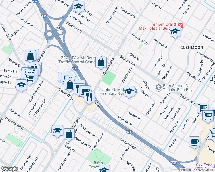 map of restaurants, bars, coffee shops, grocery stores, and more near 5268 Keeler Court in Fremont