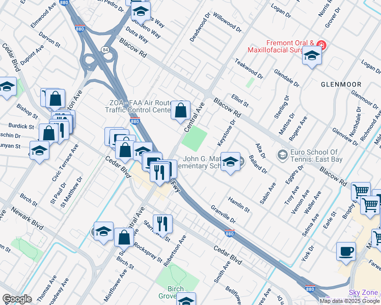 map of restaurants, bars, coffee shops, grocery stores, and more near 5268 Keeler Court in Fremont