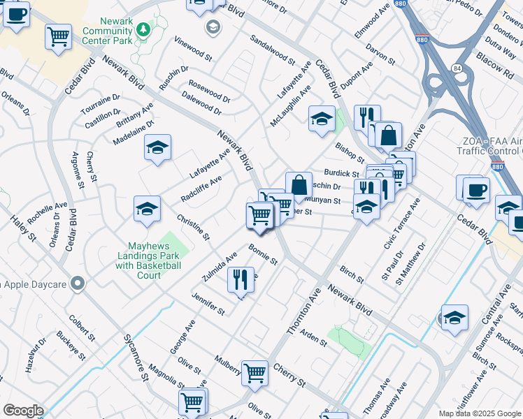 map of restaurants, bars, coffee shops, grocery stores, and more near 36397 Dijon Drive in Newark