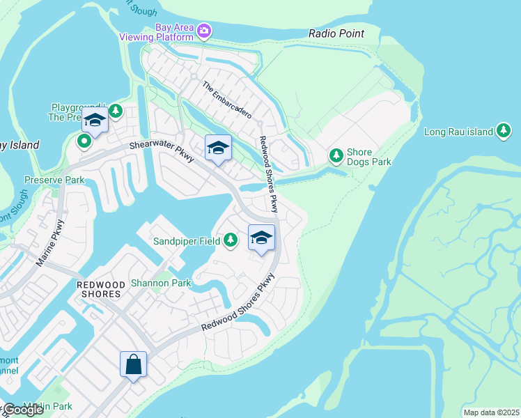 map of restaurants, bars, coffee shops, grocery stores, and more near 583 Shoal Circle in Redwood City