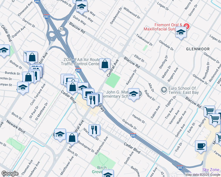 map of restaurants, bars, coffee shops, grocery stores, and more near 5268 Keeler Court in Fremont