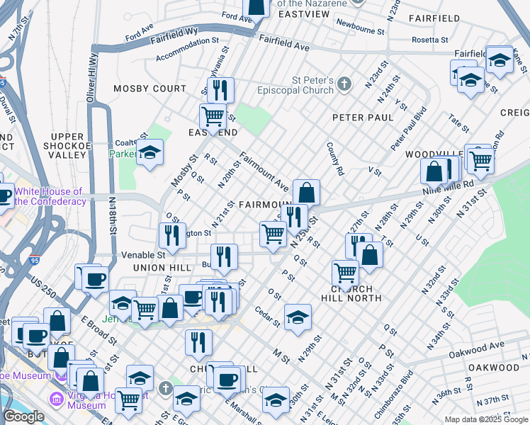map of restaurants, bars, coffee shops, grocery stores, and more near 1112 North 23rd Street in Richmond