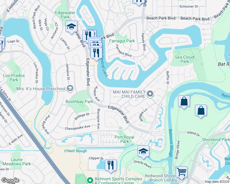 map of restaurants, bars, coffee shops, grocery stores, and more near 538 Trinidad Lane in Foster City