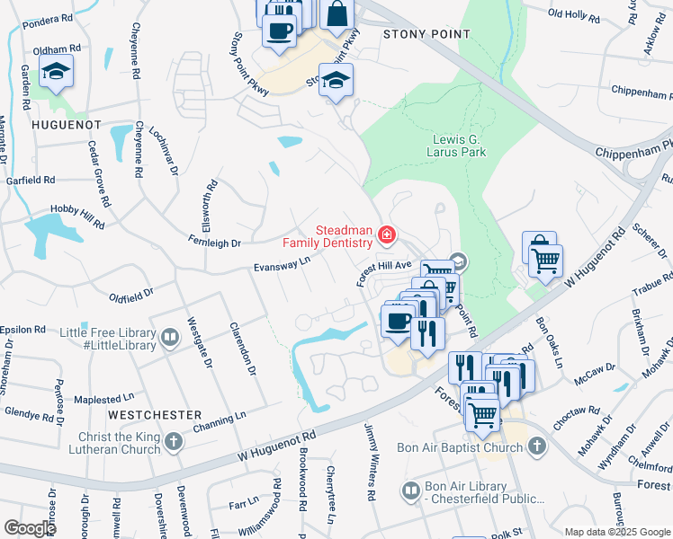 map of restaurants, bars, coffee shops, grocery stores, and more near 3111 Domino Road in Richmond