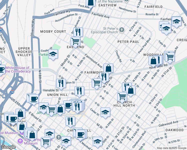 map of restaurants, bars, coffee shops, grocery stores, and more near 1112 North 23rd Street in Richmond