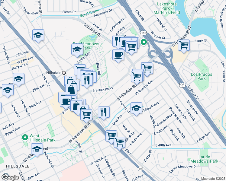 map of restaurants, bars, coffee shops, grocery stores, and more near 101 Mclellan Avenue in San Mateo