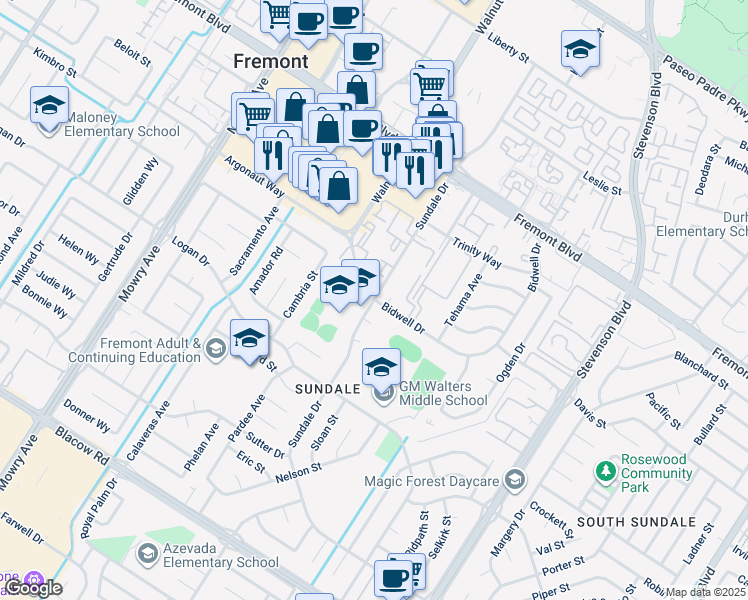 map of restaurants, bars, coffee shops, grocery stores, and more near 39201 Sundale Drive in Fremont