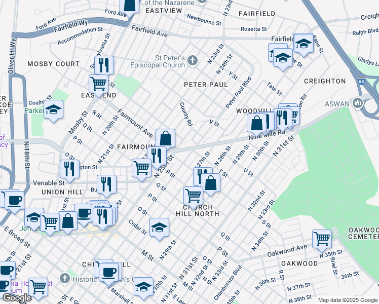 map of restaurants, bars, coffee shops, grocery stores, and more near 1326 North 26th Street in Richmond