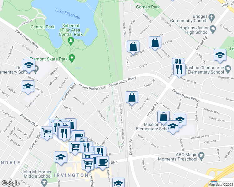 map of restaurants, bars, coffee shops, grocery stores, and more near 2630 Tamalpais Terrace in Fremont