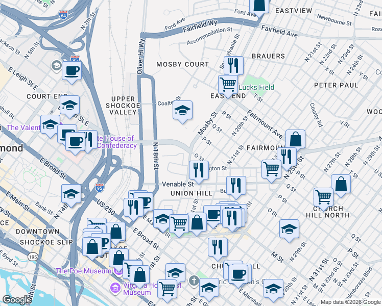 map of restaurants, bars, coffee shops, grocery stores, and more near Leigh St Viaduct & Mosby St in Richmond