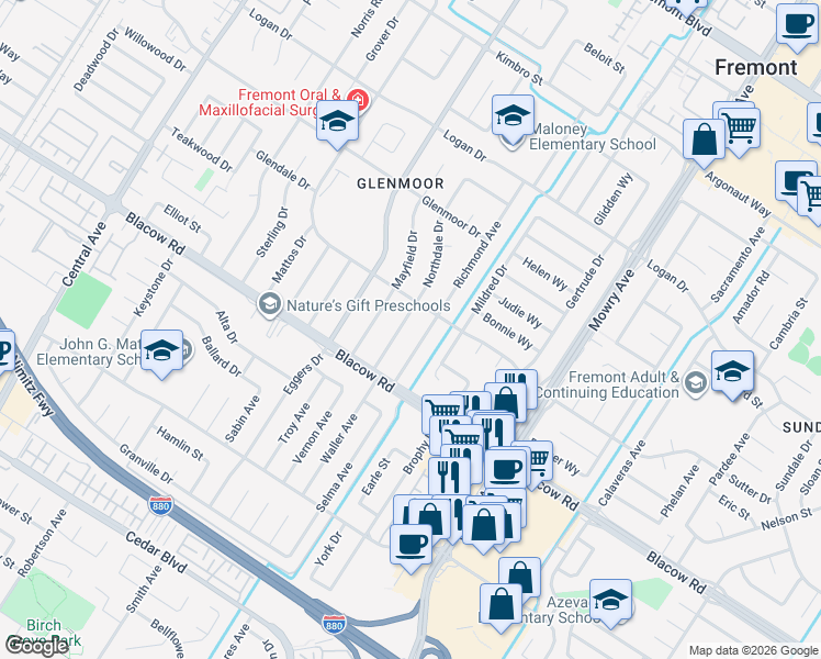 map of restaurants, bars, coffee shops, grocery stores, and more near 4855 Northdale Drive in Fremont