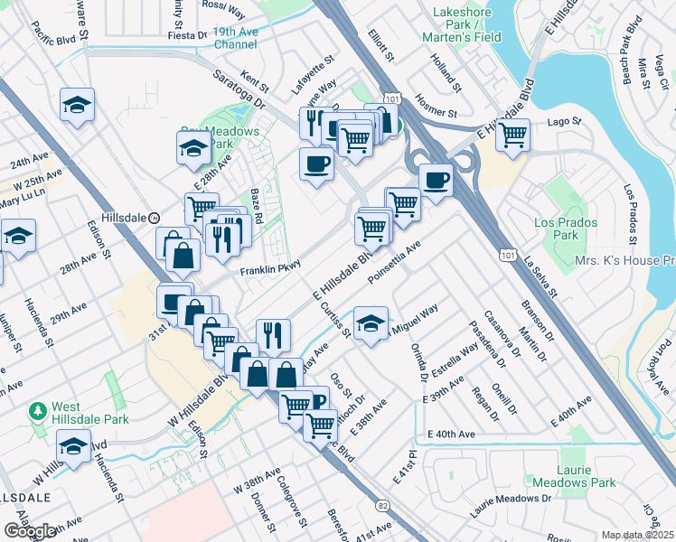 map of restaurants, bars, coffee shops, grocery stores, and more near 134 Mclellan Avenue in San Mateo