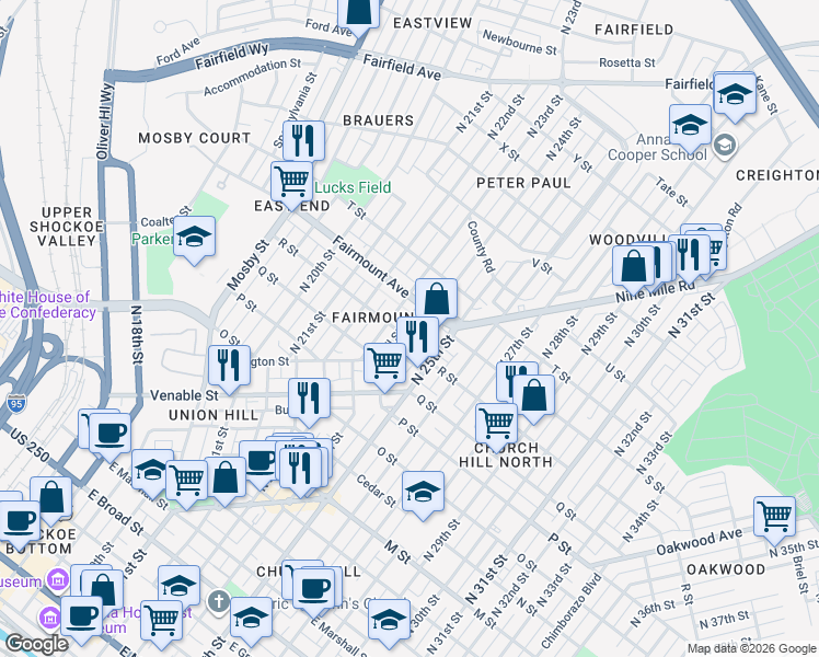 map of restaurants, bars, coffee shops, grocery stores, and more near 1212 North 24th Street in Richmond