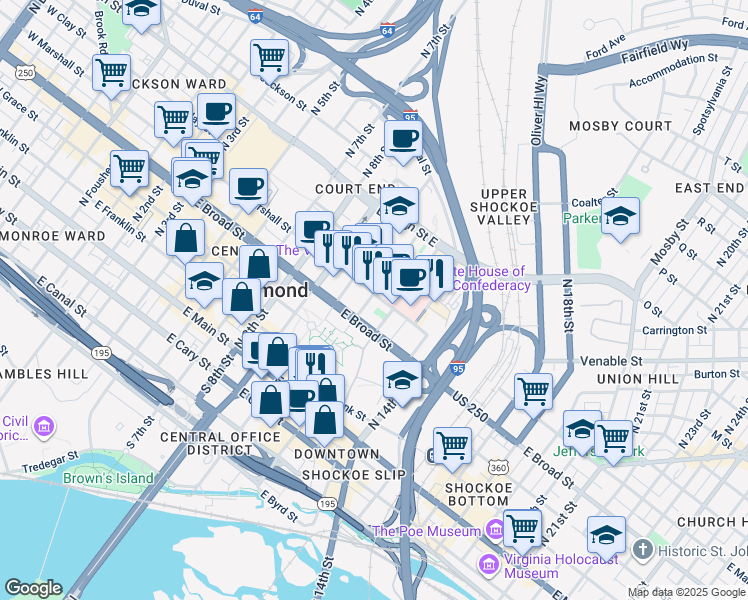 map of restaurants, bars, coffee shops, grocery stores, and more near 401 North 11th Street in Richmond