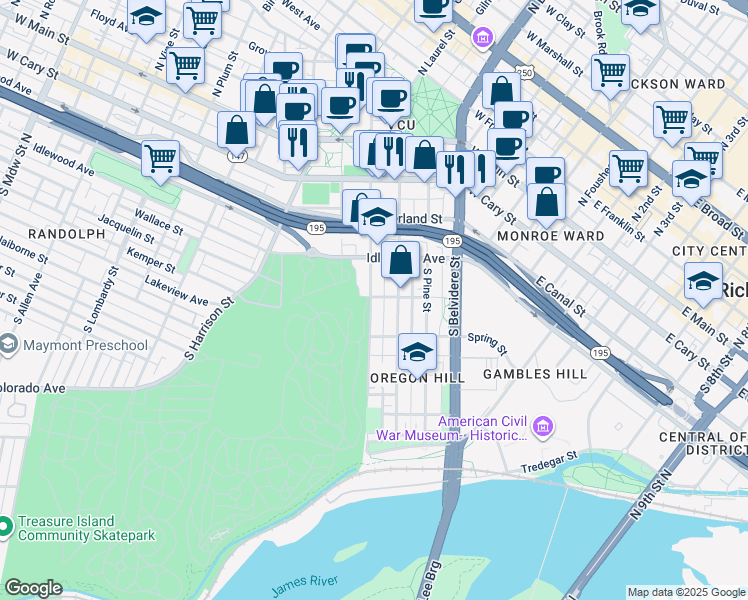 map of restaurants, bars, coffee shops, grocery stores, and more near 815 Albemarle Street in Richmond