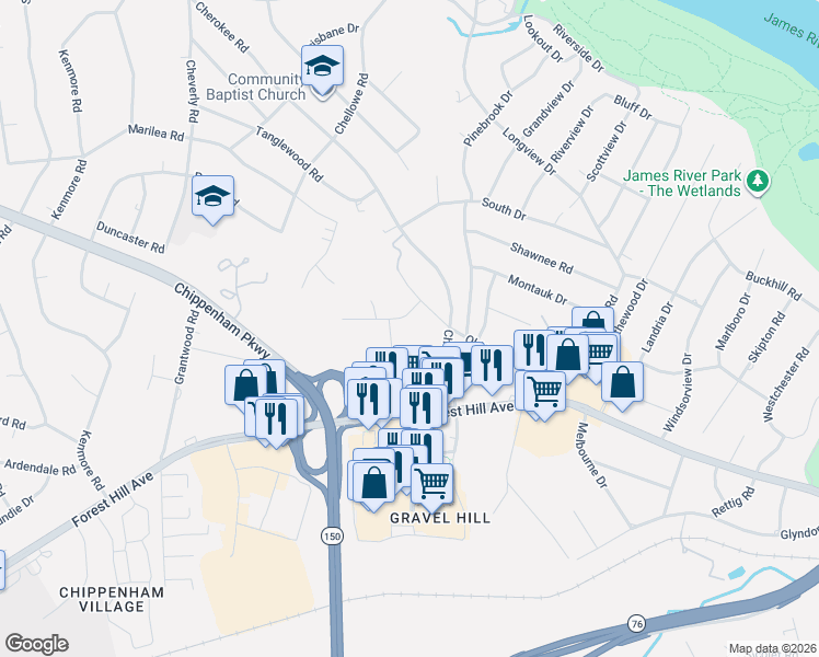 map of restaurants, bars, coffee shops, grocery stores, and more near 7221 Berwick Road in Richmond
