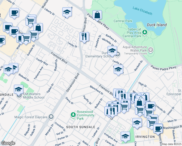 map of restaurants, bars, coffee shops, grocery stores, and more near 40133 Urban Street in Fremont