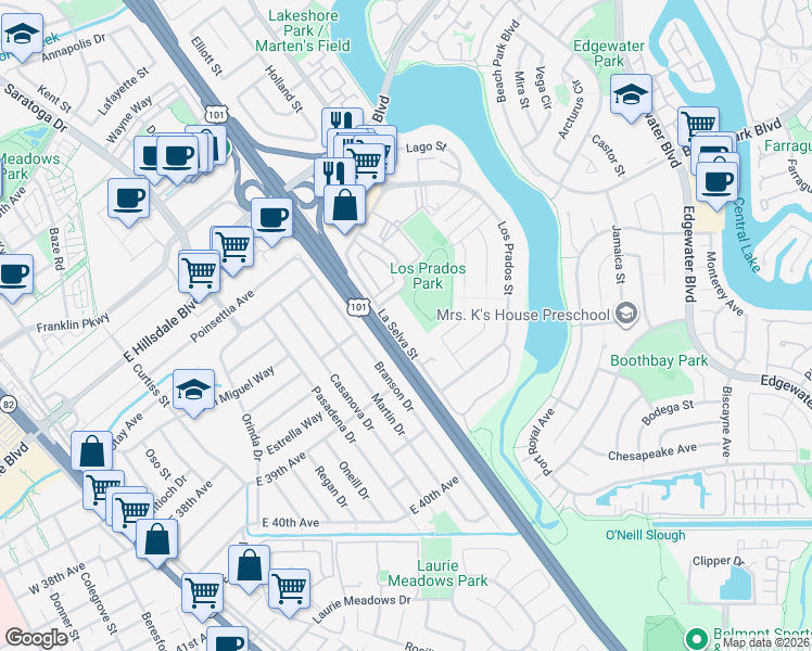 map of restaurants, bars, coffee shops, grocery stores, and more near 3204 Casa de Campo in San Mateo