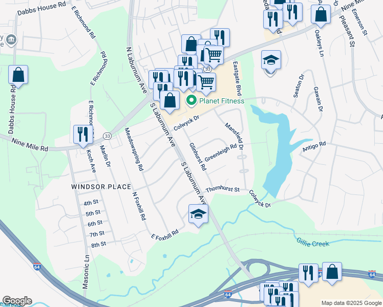 map of restaurants, bars, coffee shops, grocery stores, and more near 200 Glinhurst Road in Richmond