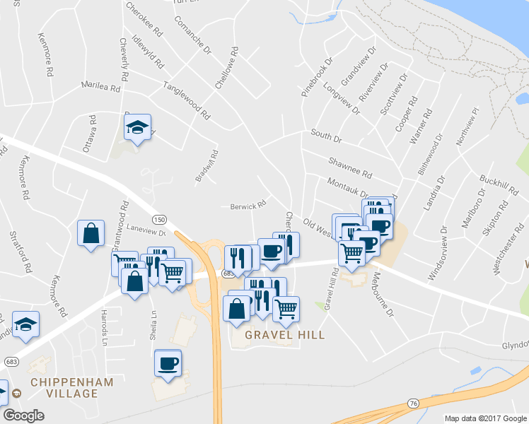 map of restaurants, bars, coffee shops, grocery stores, and more near 7221 Berwick Road in Richmond